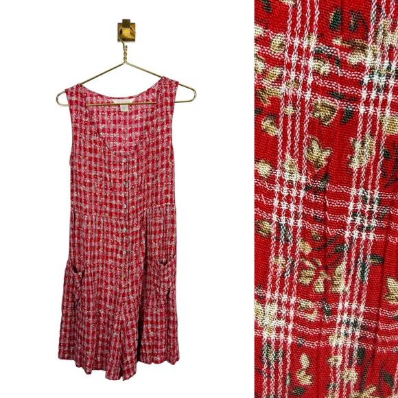 Vintage 90s Express Red Romper Jumpsuit Button Front Pockets Plaid Floral 9/10 M - Picture 1 of 8